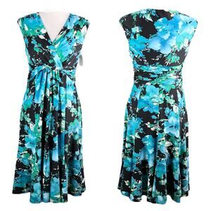 Jones Studio Dress Blue Green Floral 8 V-Neck Sleeveless Side Zip New
